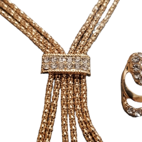 Gold Plated Statement/Costume Jewelry Set Necklace, Earrings, Ring, Bracelet - Picture 5 of 6